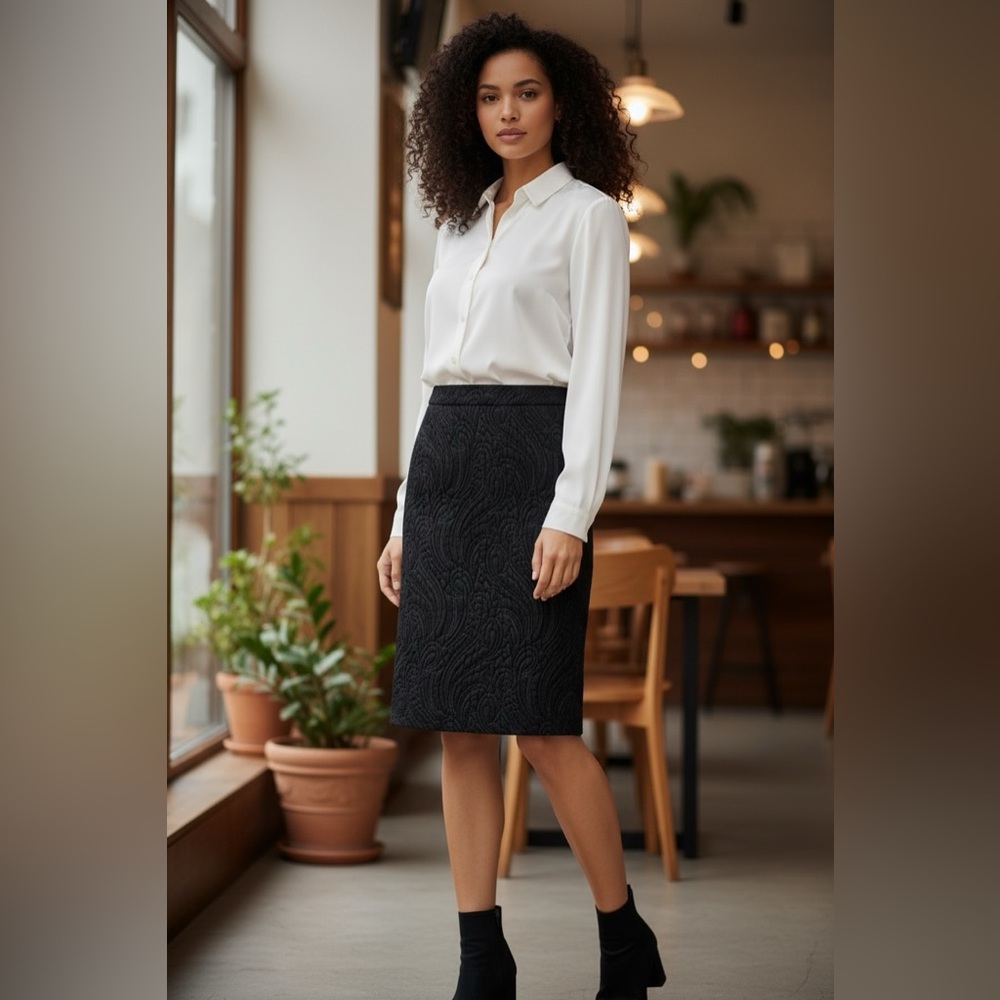 Louis Feraud Vintage Black Quilted Pencil Skirt Wool Silk Blend Size 10
